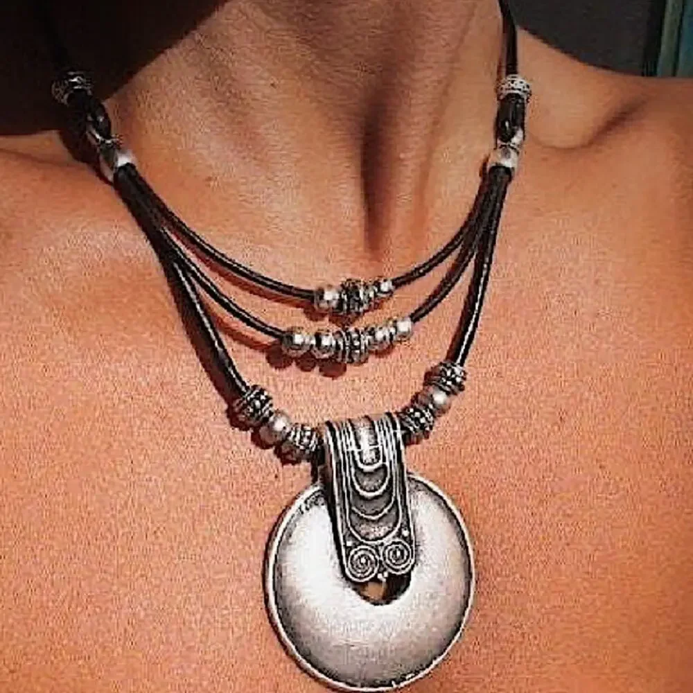 Boho, Hippy, Tribal Statement Necklace Leather Bohemian - Picture 2 of 5